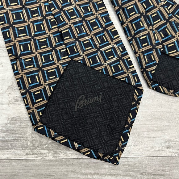 Brioni Navy w/ Tan, Blue & Gold Check Silk Tie - Picture 4 of 5
